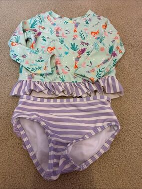 Ruffle Butts Mint Mermaid Rash Guard with Lavender Striped Bottoms